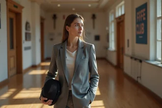 Jeune femme avec masque de fencing dans un club moderne