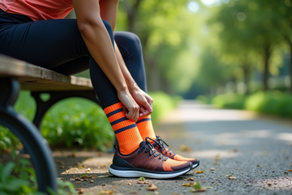 Jeune femme en train de lacer ses chaussures de course colorées