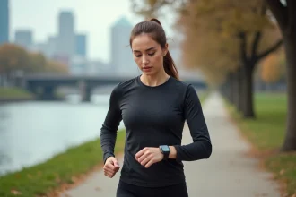 Jeune femme courant au bord de la rivière en ville