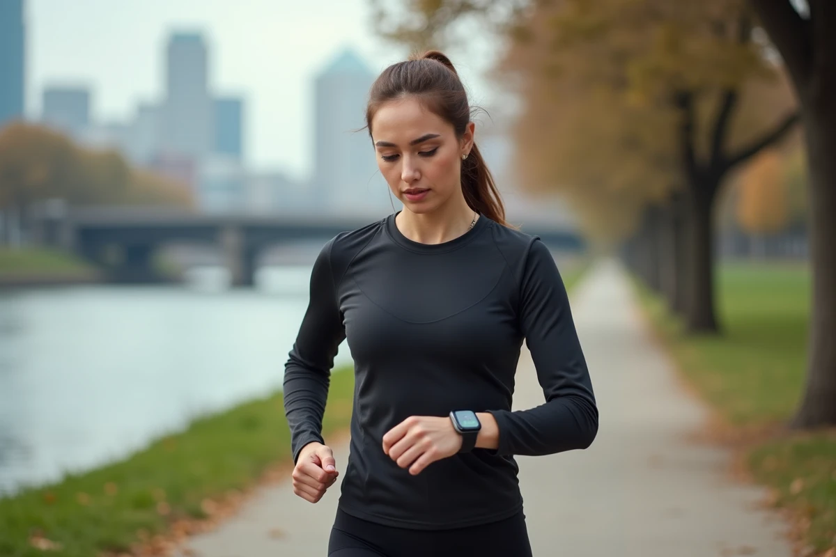 Jeune femme courant au bord de la rivière en ville