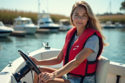 Jeune femme en gilet rouge au volant d'un bateau dans une marina