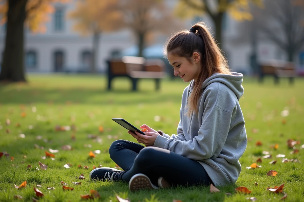 Jeune femme lisant Blue Lock dans un parc en &eacute;t&eacute;