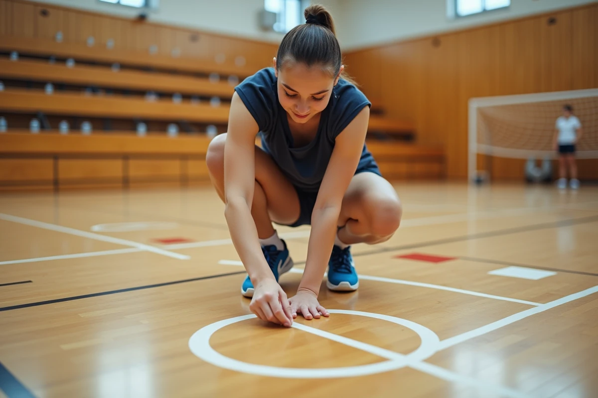 Jeune fille dessinant une ligne de handball en int&eacute;rieur