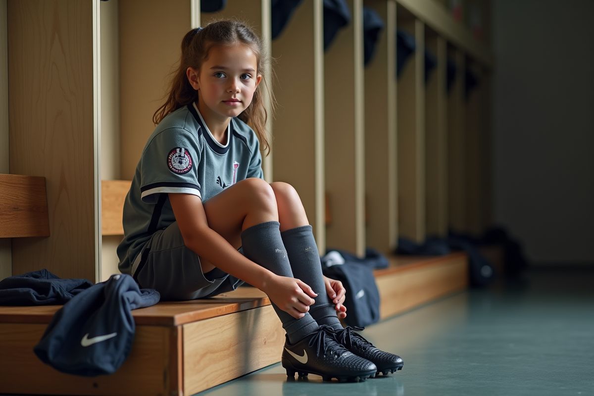 Fille de 12 ans attache ses chaussures dans le vestiaire