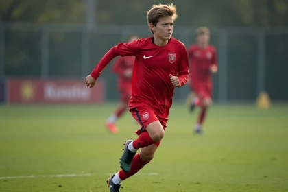 Jeune joueur de football en course sur le terrain
