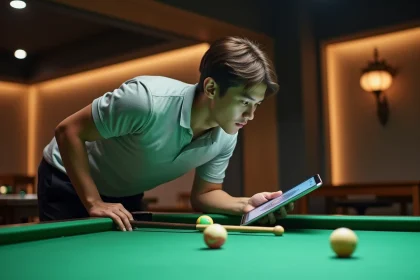 Jeune homme pratiquant le billard avec tablette dans salle élégante