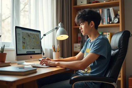 Jeune homme lisant manga sur son ordinateur dans sa chambre