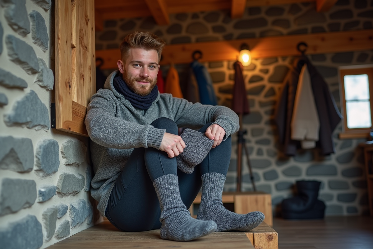 Jeune homme en chaussettes en laine dans un chalet chaleureux