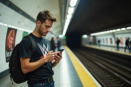 Jeune homme en m&eacute;tro parisien portant t-shirt WWE v&eacute;rifiant son smartphone