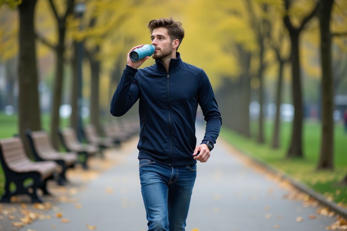 Jeune homme marche dans parc avec bouteille d