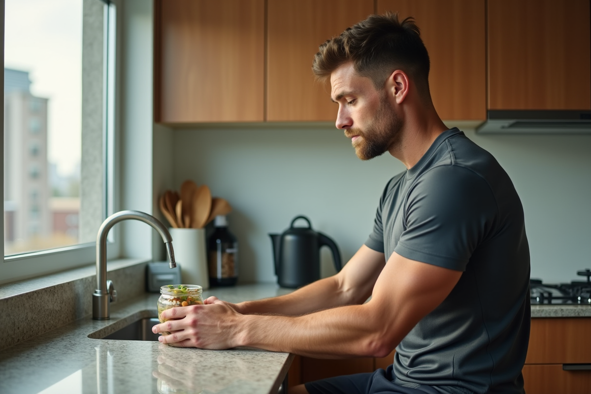 Jeune homme pensif avec repas dans une cuisine moderne lumineuse