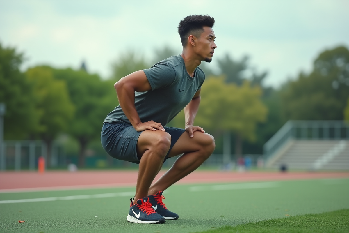 Jeune homme faisant des squats sur un terrain de sport en extérieur