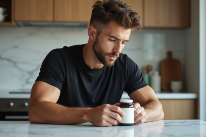 Jeune homme en cuisine lisant une bouteille de supplement