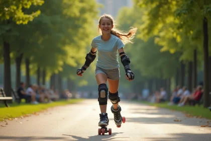 Jeune fille souriante en roller dans un parc ensoleille