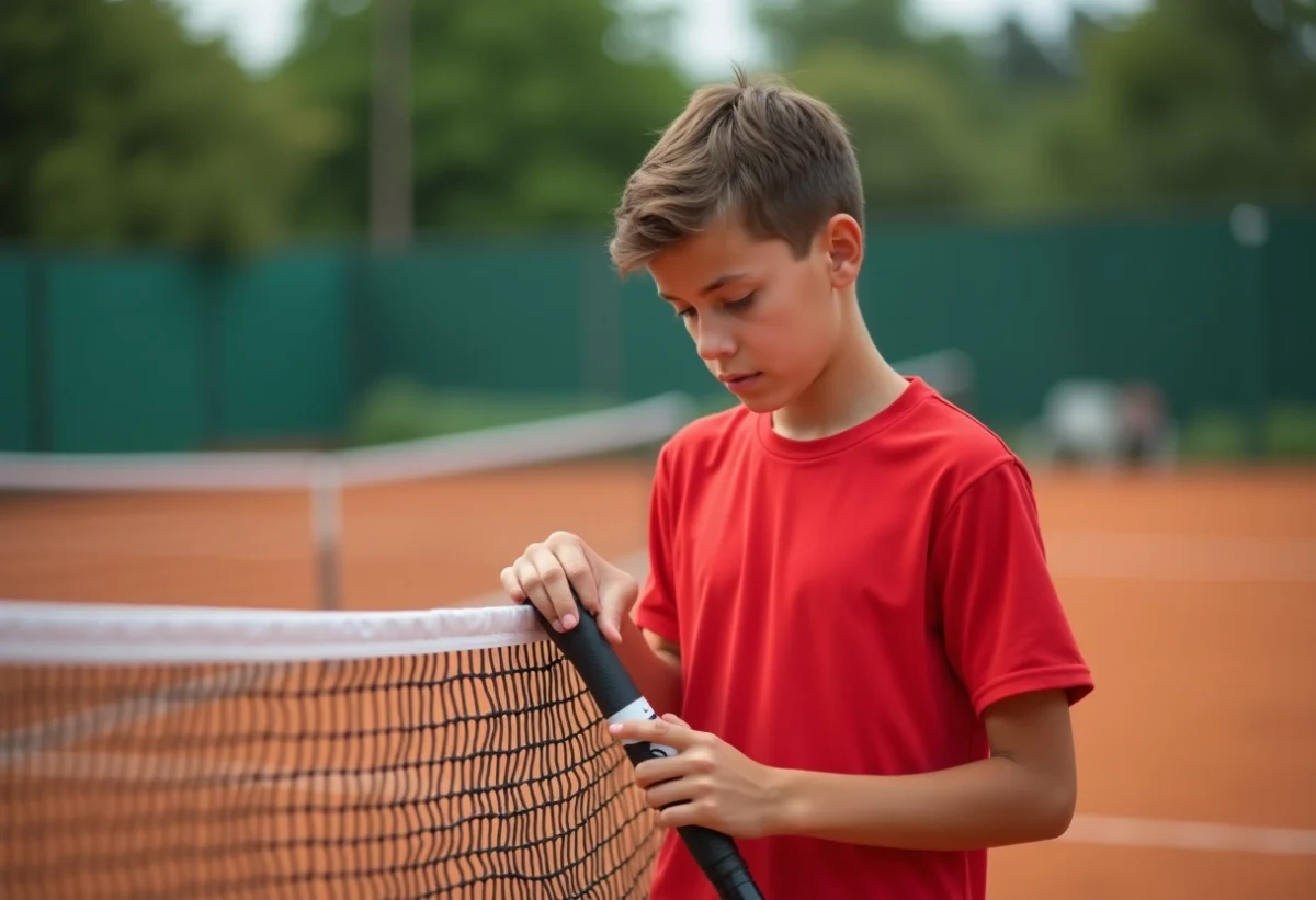 Jeune garçon en rouge préparant sa raquette de tennis