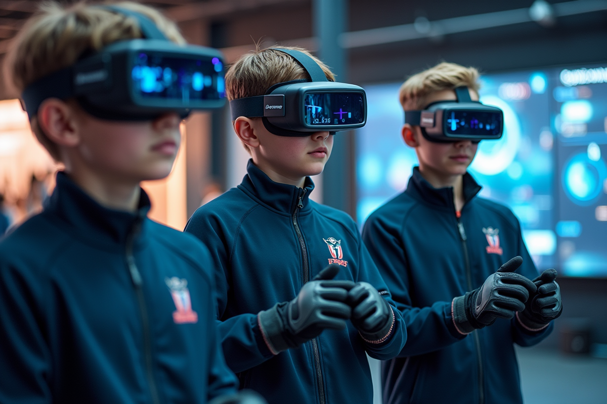 Groupe de jeunes avec visors et gants connectés en entraînement