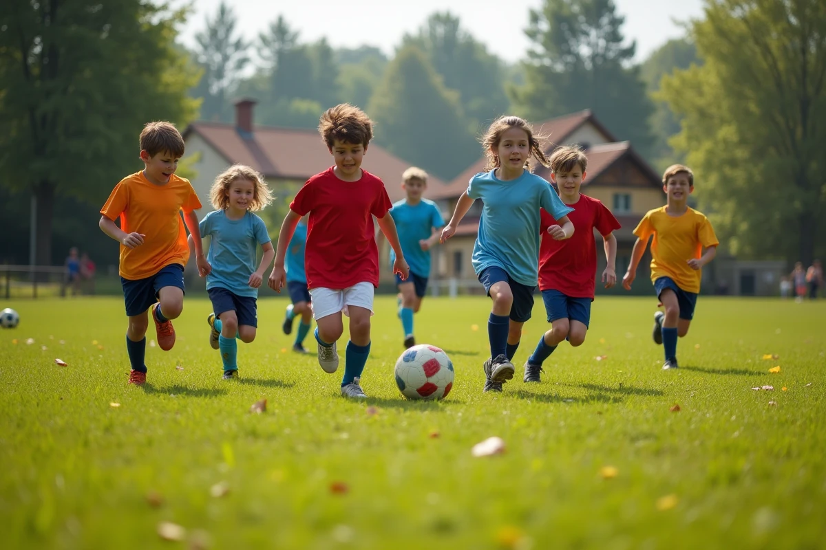 Groupe de jeunes jouant au football dans un cadre rural français