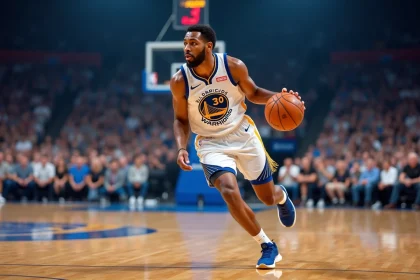Joueur de basket professionnel en plein dribble lors d'un match en salle avec une foule en arrière-plan