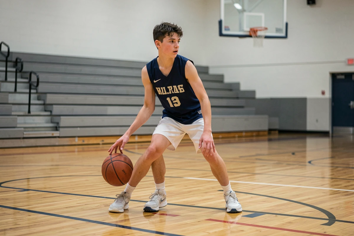 Joueur de basket scolaire en train de dribbler sur un terrain de gymnase intérieur lors d'un match officiel