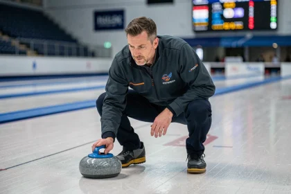 Joueur de curling en position de lancement sur la glace dans une salle de curling professionnelle