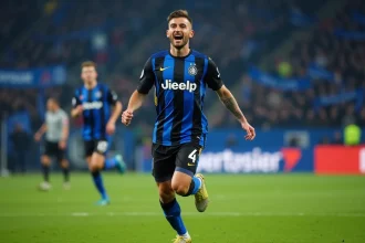 Joueur de l'Inter Milan en jersey rayé noir et bleu célébrant sur la pelouse du stade Giuseppe Meazza