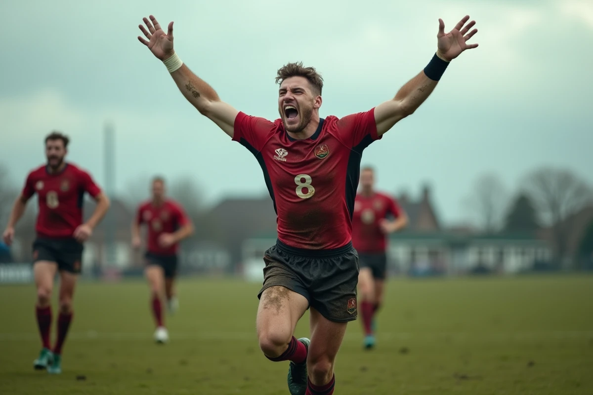 Joueur de rugby célébrant un essai pendant une rencontre de Fédérale 1 Poule 3