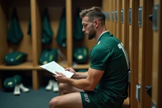 Joueur de rugby en National 2 lisant un contrat de transfert dans un vestiaire de club amateur