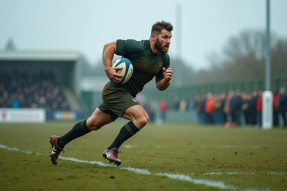 Joueur de rugby remplaçant fendant le terrain sous la pluie, ballon sous le bras, décisif lors d'une manche clé