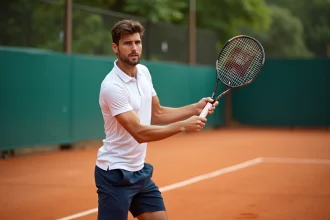 Joueur de tennis intermédiaire effectuant un coup de fond de court avec une raquette Beat All Sports sur un court en terre battue