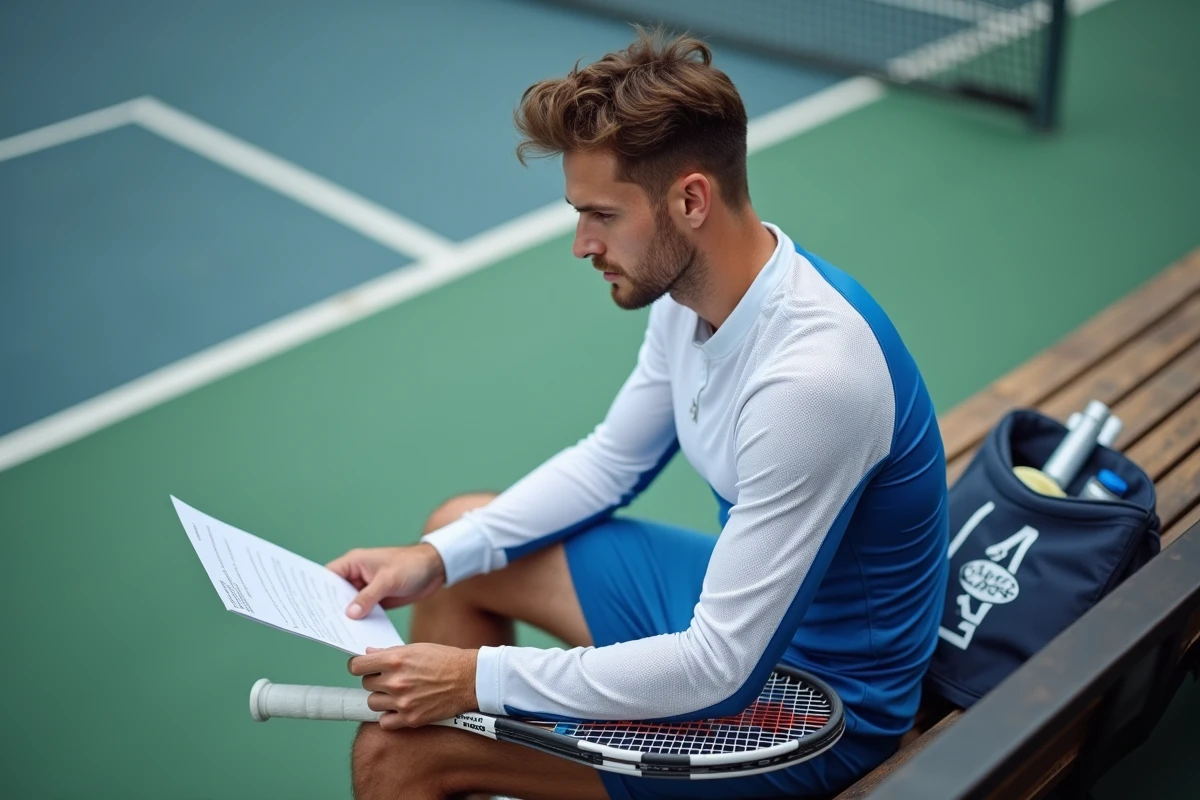 Joueur de tennis intermédiaire assis sur un banc de court avec une raquette Beat All Sports, réfléchissant à sa progression
