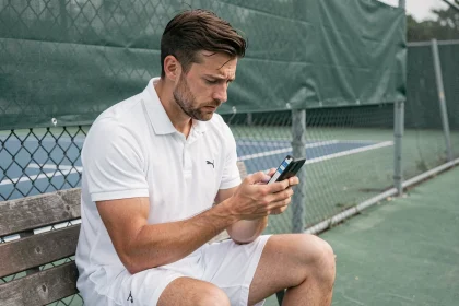 Joueur de tennis assis sur un banc vérifiant un code promotionnel sur son smartphone avant une partie