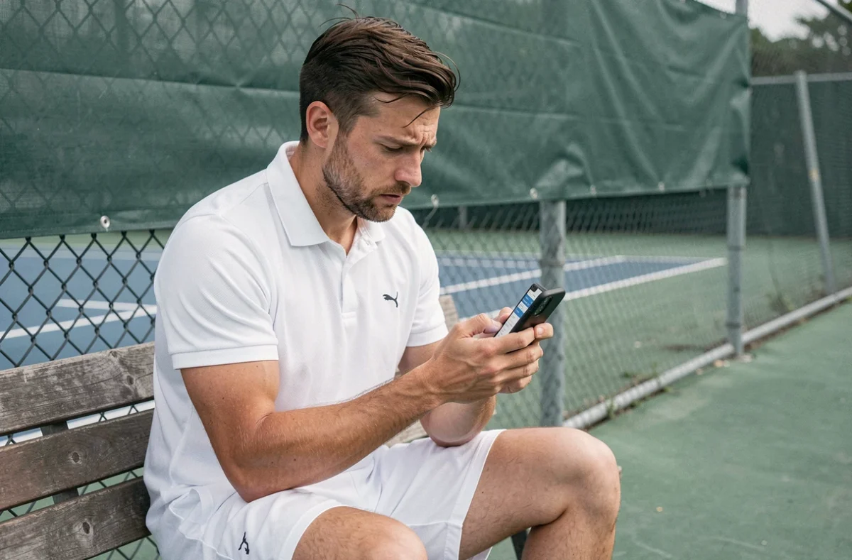 Joueur de tennis assis sur un banc vérifiant un code promotionnel sur son smartphone avant une partie
