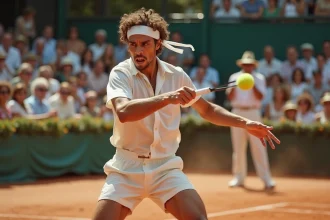 Jeune joueur de tennis vintage en action sur terre battue