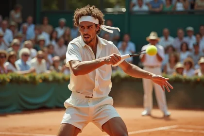 Jeune joueur de tennis vintage en action sur terre battue