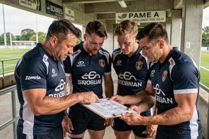 Joueurs de rugby consultant le calendrier de la Nationale 2026 avant un match au stade