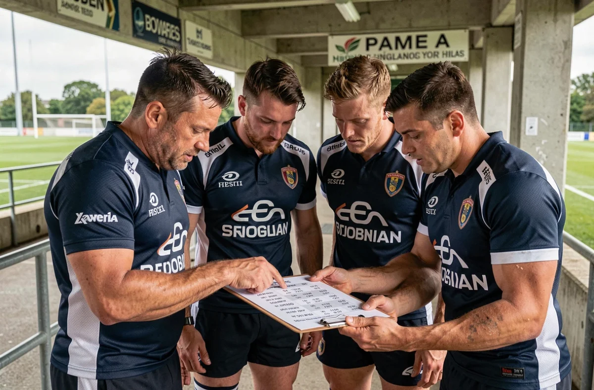 Joueurs de rugby consultant le calendrier de la Nationale 2026 avant un match au stade