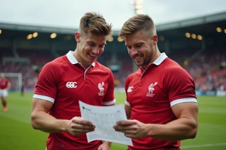 Deux joueurs de rugby souriants après le match sur le terrain