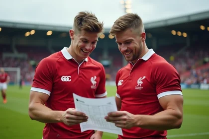 Deux joueurs de rugby souriants après le match sur le terrain