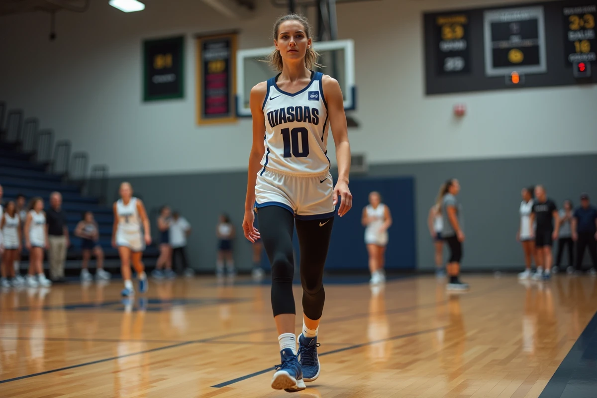 Joueuse de basket entrant sur le terrain en cours de match dans un gymnase municipal, remplaçante prête à changer la donne