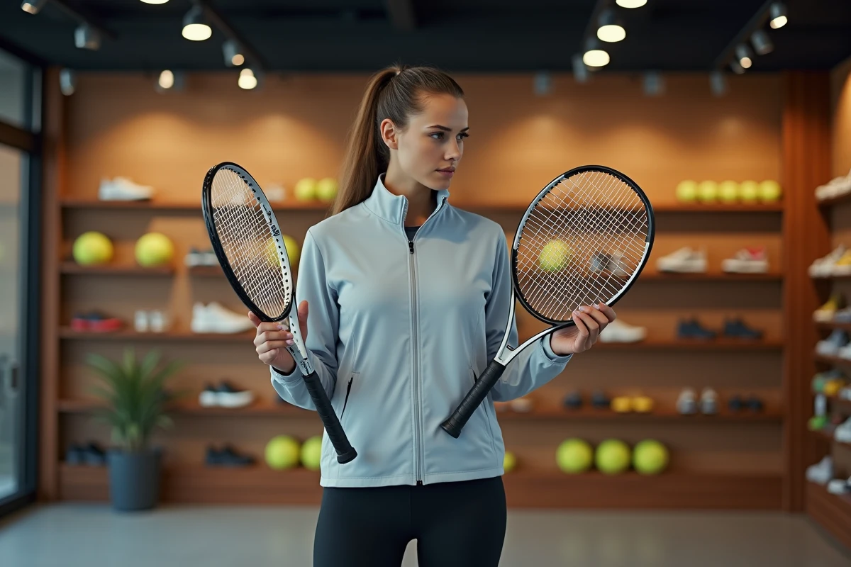 Joueuse de tennis comparant deux raquettes dont un modèle Beat All Sports dans un magasin de sport spécialisé