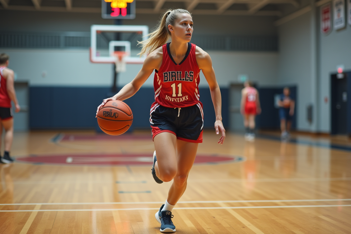 Joueuse de basketball moderne en pleine action en intérieur