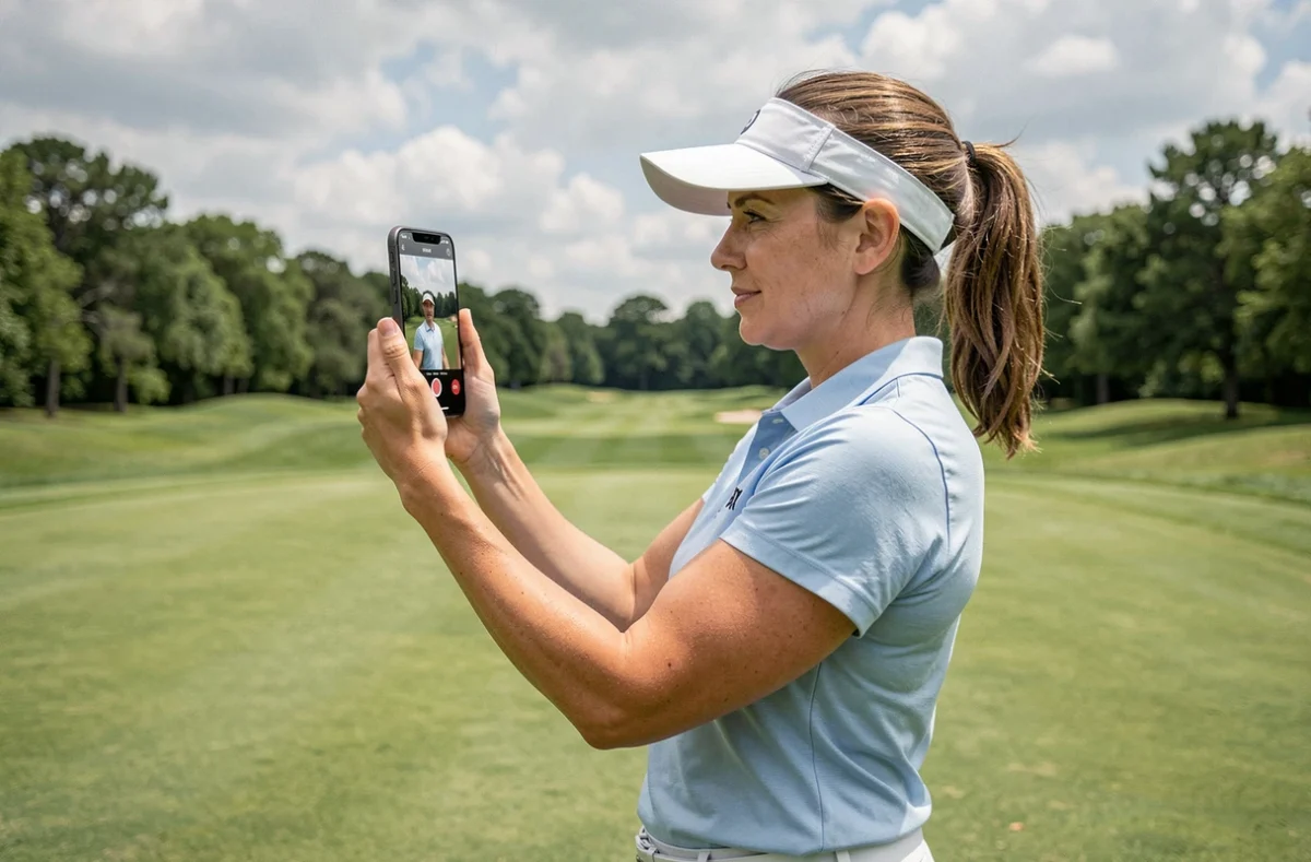Joueuse de golf consultant un enseignant en ligne sur le fairway via son smartphone