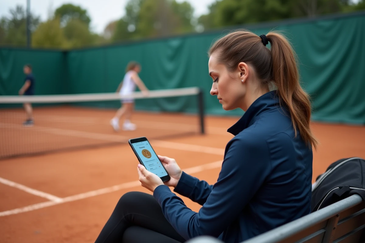 Joueuse de tennis consultant son classement et ses points P100 sur smartphone en bord de court en terre battue