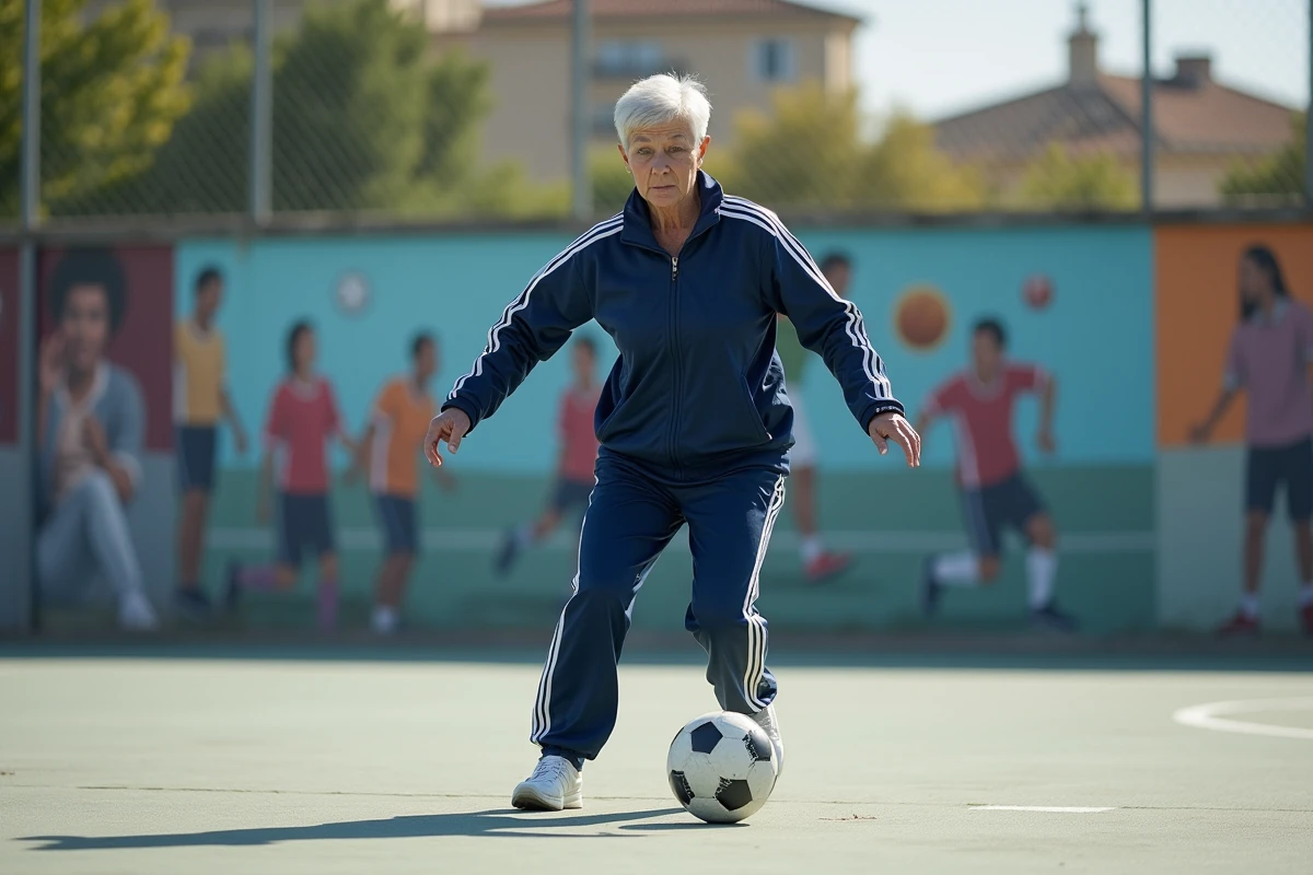 Joueuse senior pratiquant le football en extérieur dans un complexe sportif de banlieue marseillaise