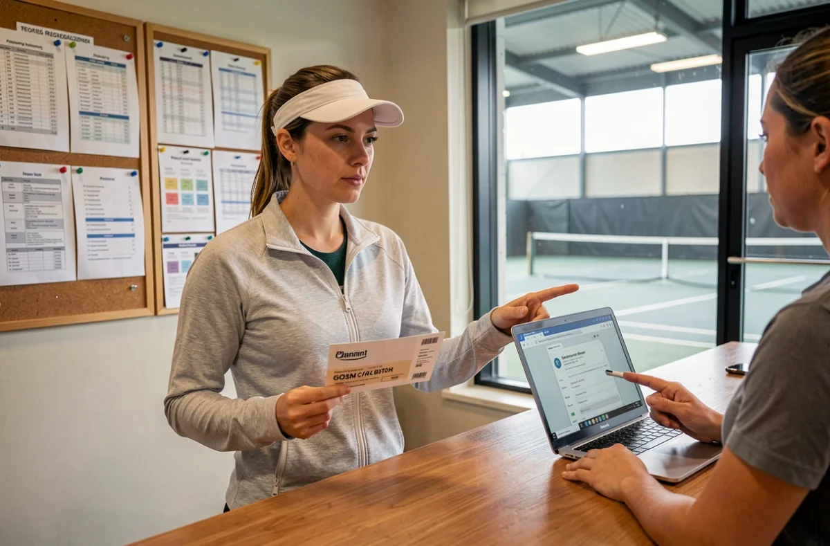 Joueuse de tennis présentant un bon de réduction à l'accueil d'un club pour vérifier sa validité