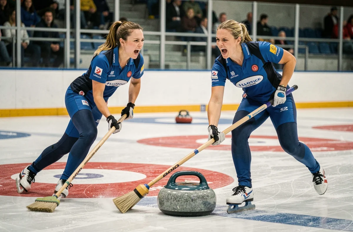 Deux joueuses de curling balayant énergiquement la glace en équipe lors d'une compétition