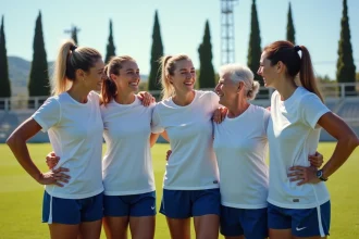 Groupe de joueuses de tous âges du Sporting Club Aubagne Air Bel en tenue sur le terrain de football