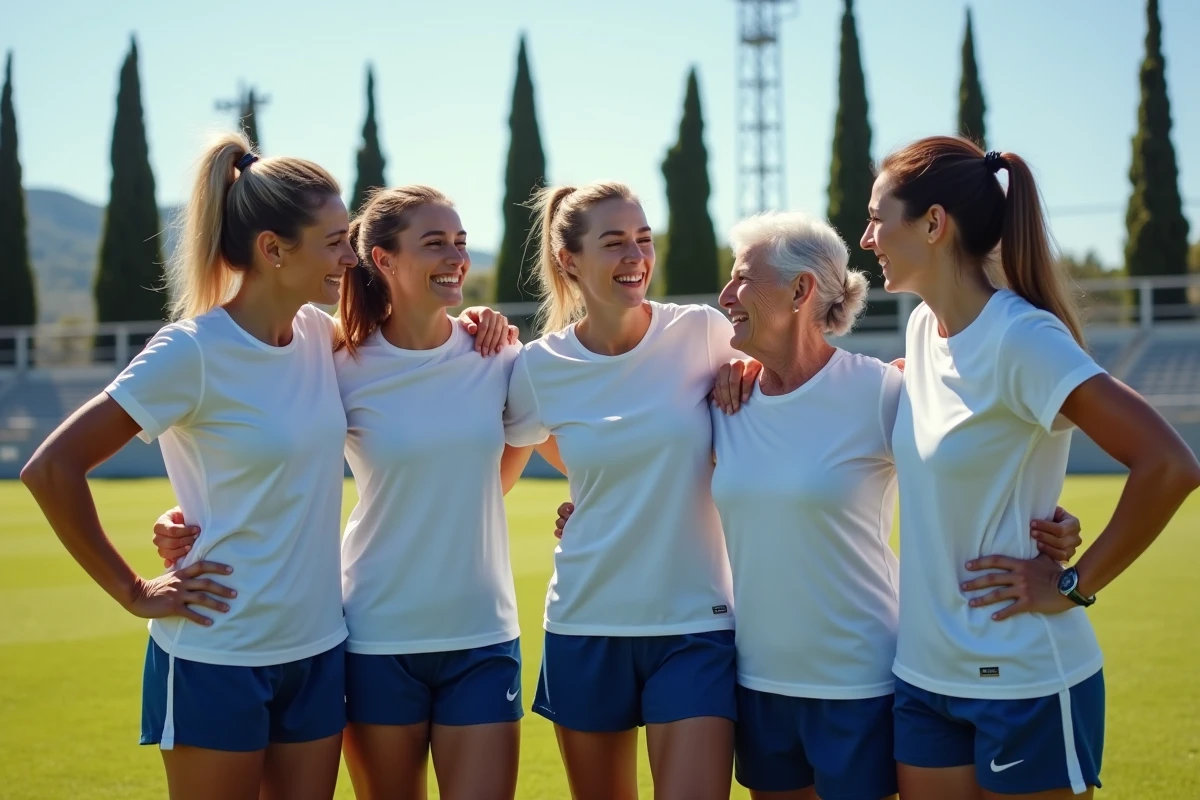 Groupe de joueuses de tous âges du Sporting Club Aubagne Air Bel en tenue sur le terrain de football