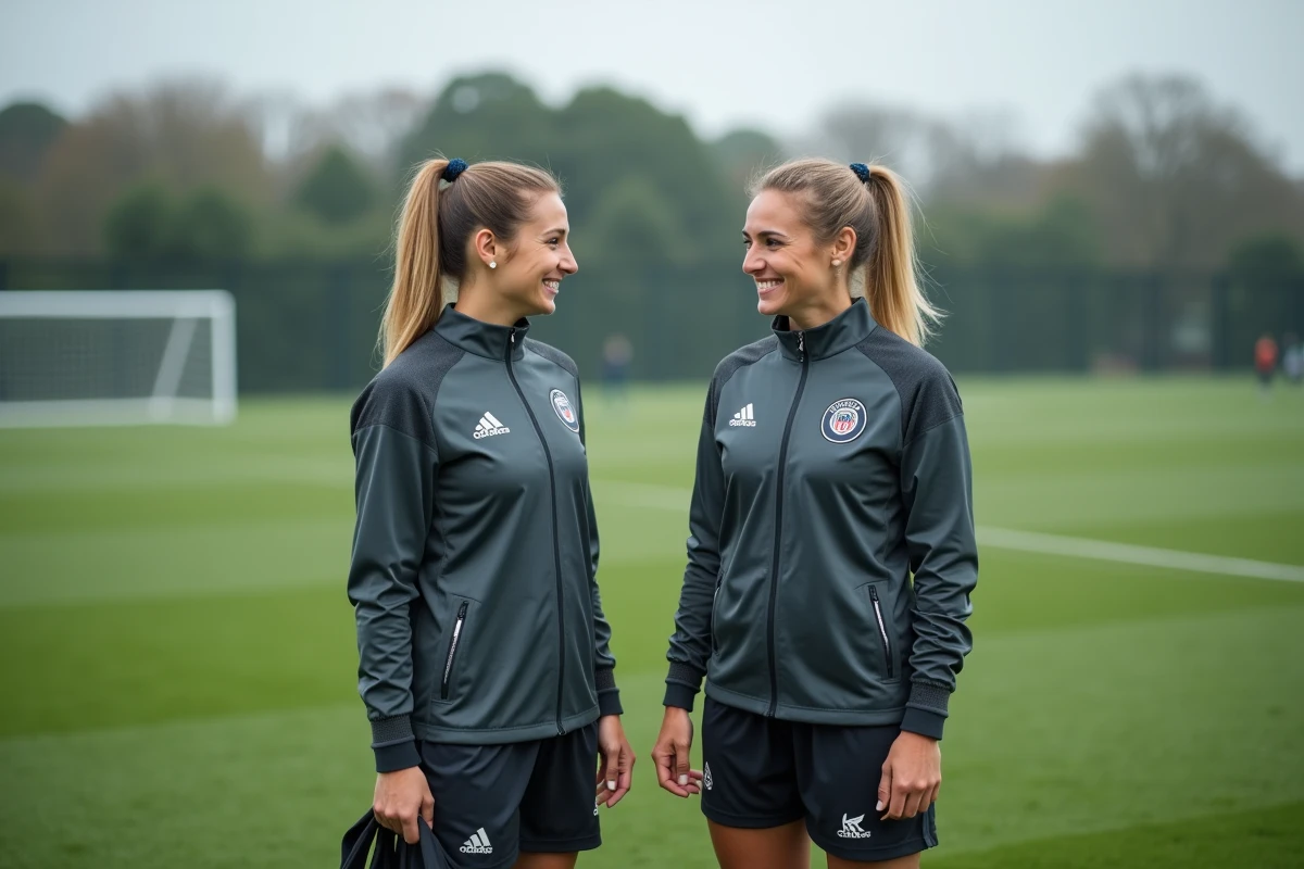 Deux joueuses de football féminin sur le terrain d'entraînement évoquant un transfert lors du mercato de la D1 féminine 2026