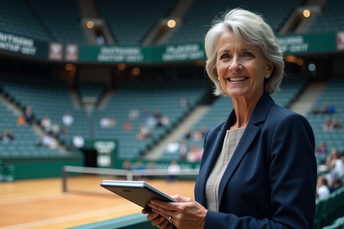 Journaliste sportive analysant un match de tennis en intérieur